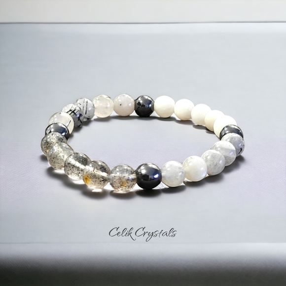 Moonstone, Tourmaline Quartz, Labradorite, Black Strawberry Quartz Bracelet 8mm - Picture 1 of 7
